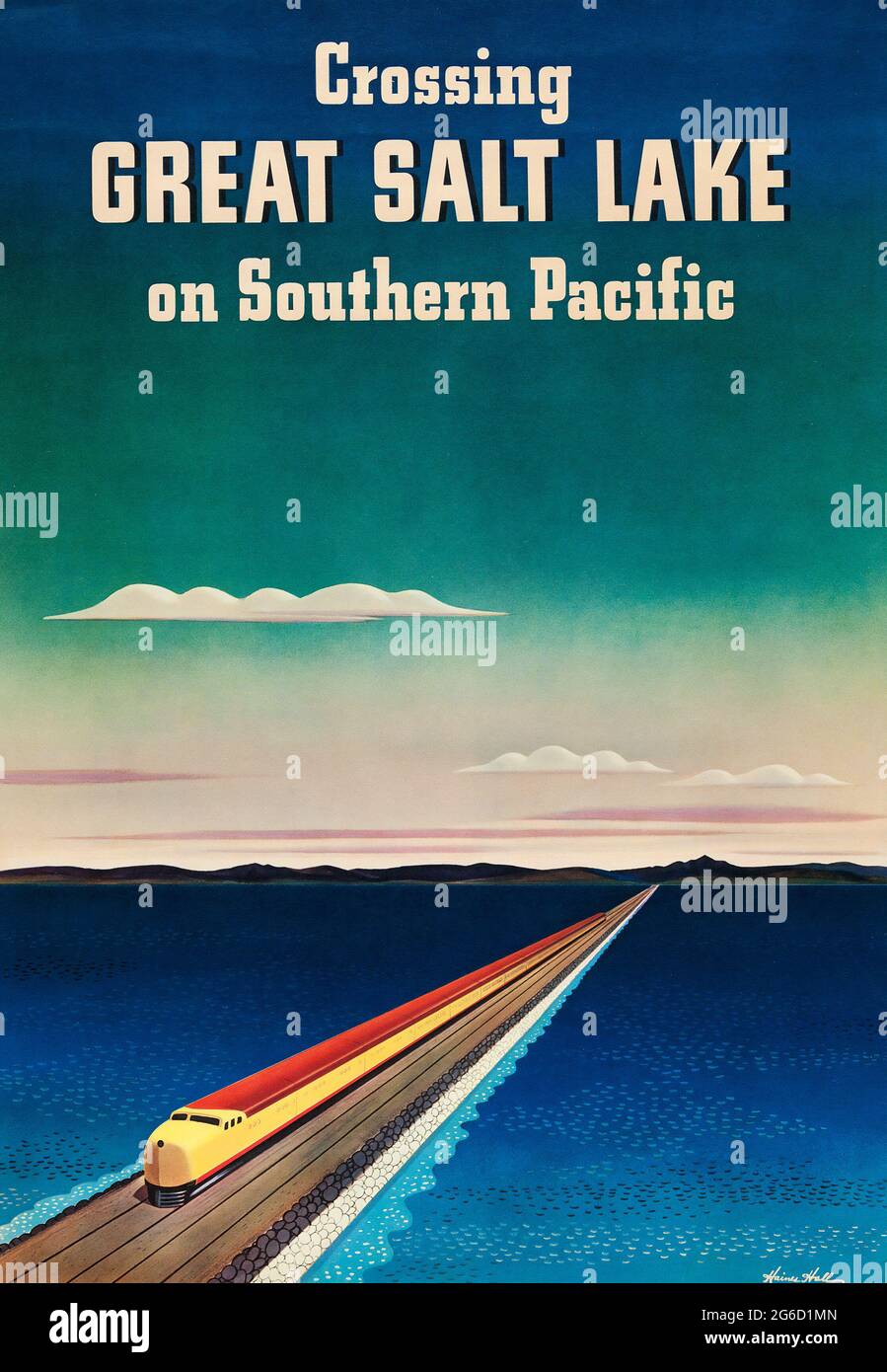Reiseplakat Great Salt Lake „Crossing Great Salt Lake on Southern Pacific“. (Southern Pacific, 1940) Reiseposter. Werbung für die Eisenbahn. Stockfoto