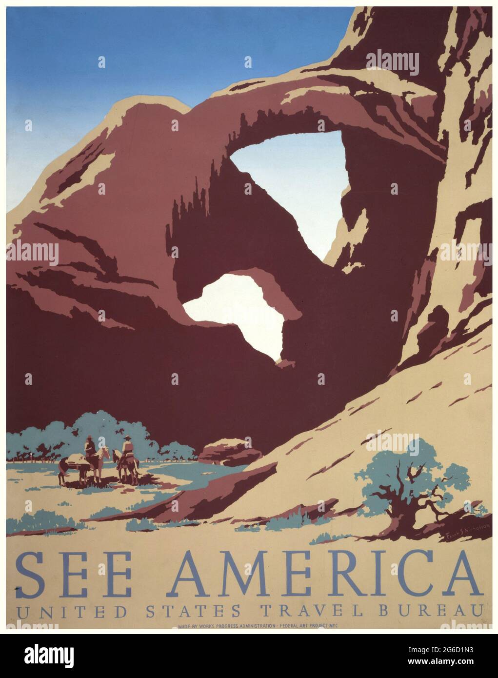 SIEHE AMERICA, Vintage-Reiseplakat. Willkommen bei Montana, WPA-Poster, ca. 1937. Zwei Cowboys bei Felsformationen. United States Travel Bureau. Stockfoto