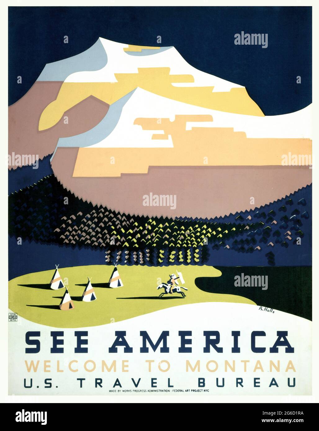 SIEHE AMERICA, Vintage-Reiseplakat. Willkommen bei Montana, WPA-Poster, ca. 1937. United States Travel Bureau. US Travel Bureau. Stockfoto