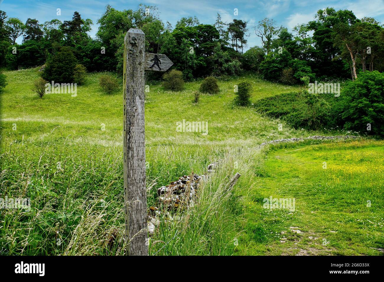 Altes öffentliches Wanderwegschild in Wolfscote Dale, Hartington, Peak District, Derbyshire, England, VEREINIGTES KÖNIGREICH Stockfoto