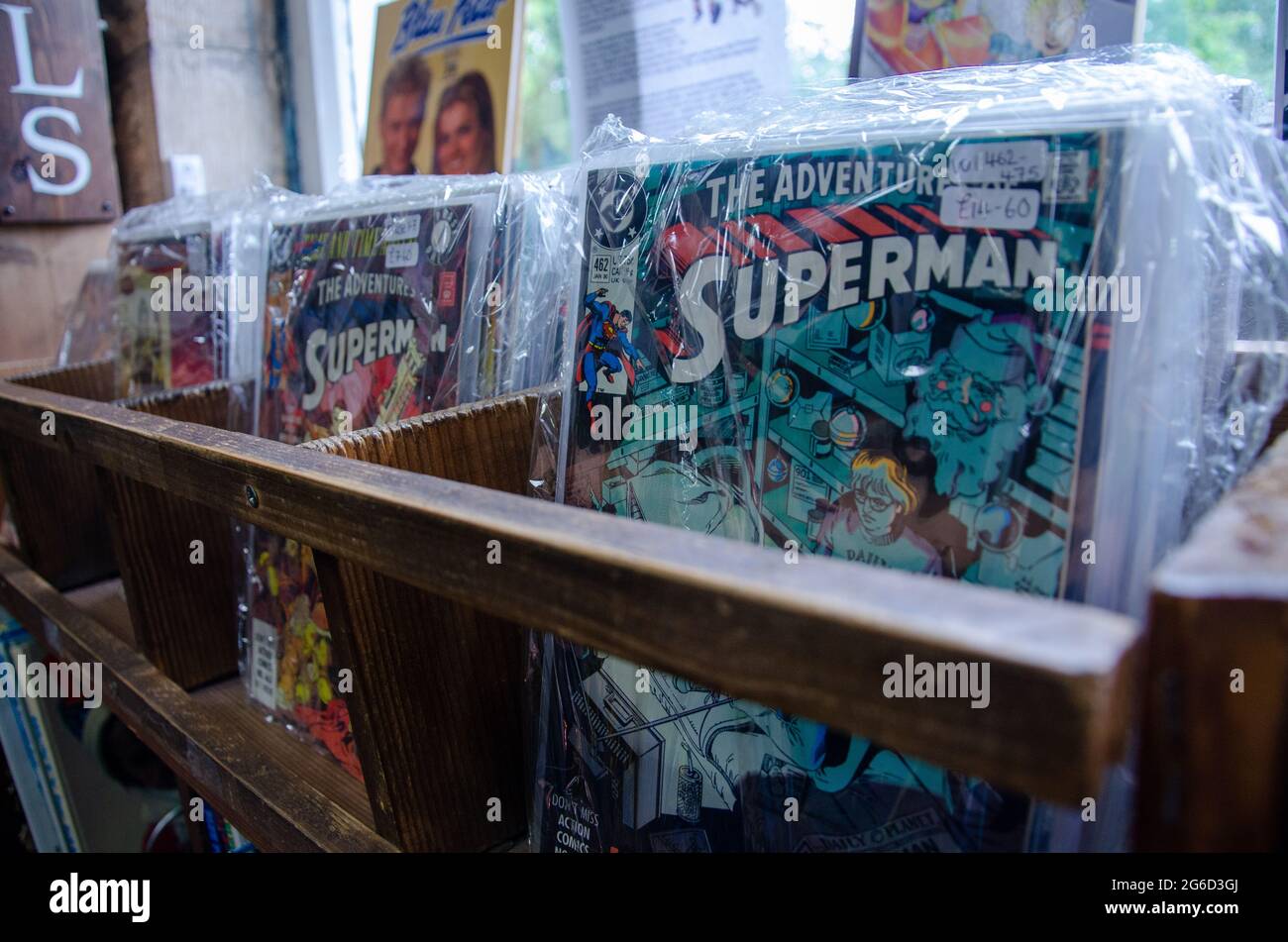 Sammlerstücke, seltene Superman-Comics, Barter Books Alnwick, Northumberland, England. Stockfoto