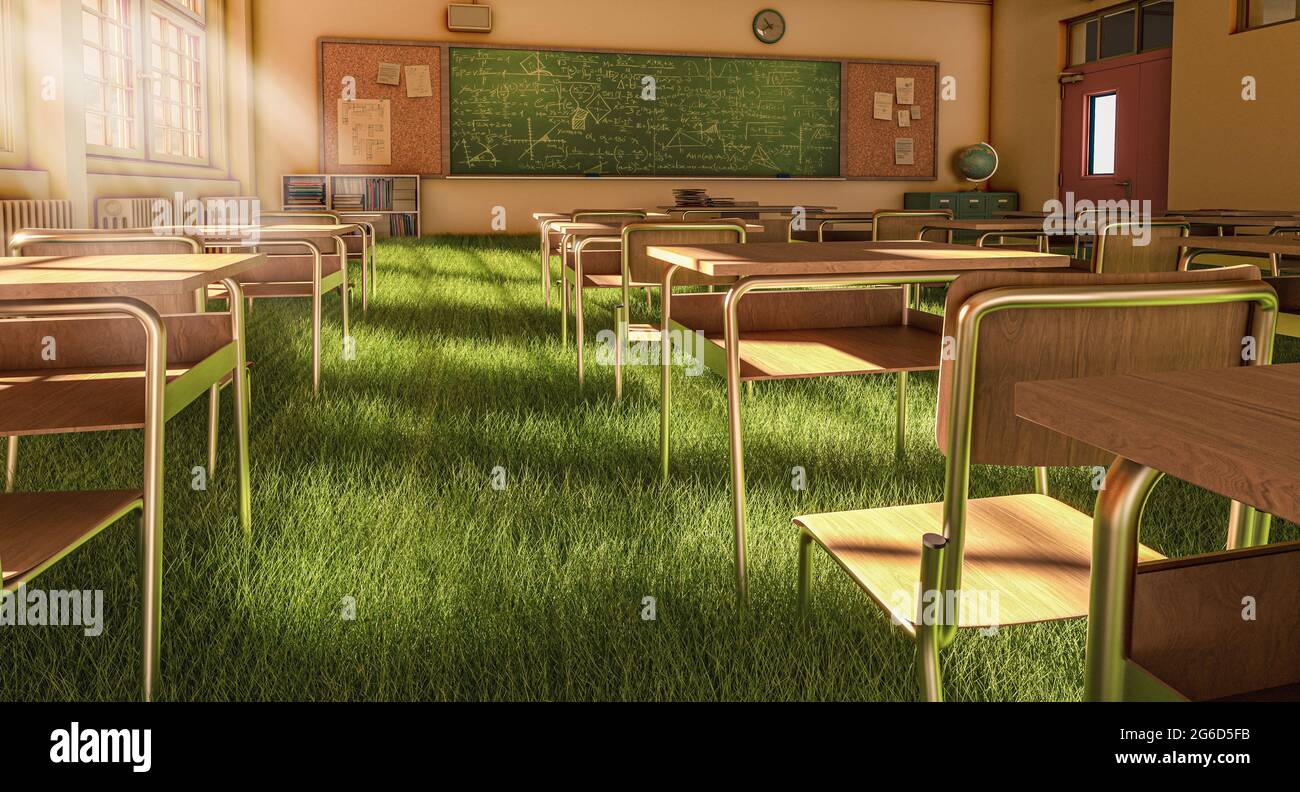 Interieur eines Klassenzimmers mit einem Boden mit grünem Gras bedeckt. Konzept der Natur und Öko-Nachhaltigkeit. 3d-Rendering. Stockfoto