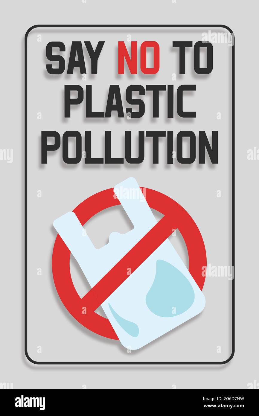Einweg-Kunststoff. Verbot von Plastiktüten. Sagen Sie Nein zur Plastikverschmutzung. Konzept für Verschmutzungsproblemen. Vektorgrafik. Stockfoto