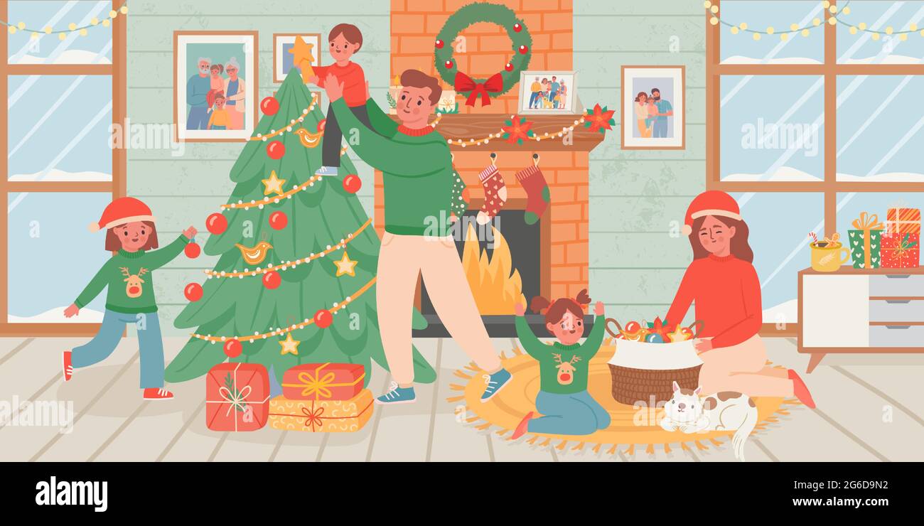 Familie Feiern sie weihnachten zu Hause. Eltern und Kinder schmücken den Weihnachtsbaum im Wohnzimmer mit Kamin. Vektorposter für das neue Jahr Stock Vektor