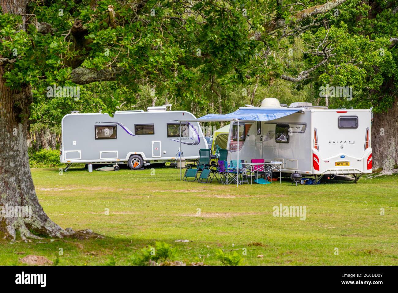 Caravan-Camping in Denny Wood im New Forest National Park, Hampshire Stockfoto