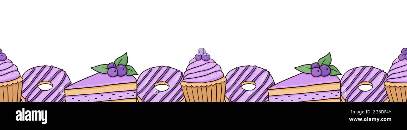 Nahtlose horizontale Grenze mit glasierten Donuts, Blaubeer-Cupcakes und Kuchen mit Beeren. Vektor handgezeichnete Illustration der Fußzeile mit Desserts in Farbe Doodle Stil. Perfekt für Menü, Dekorationen. Stock Vektor