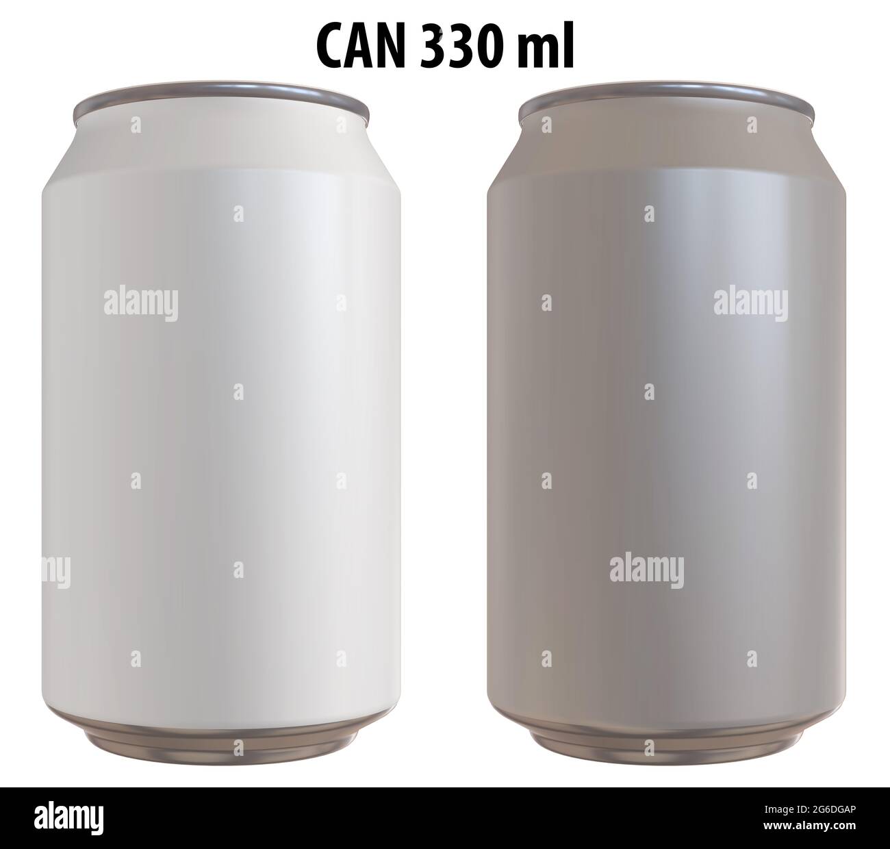 3D-Rendering - hochauflösendes Bild von CAN 330ml, weiß und silber, isoliert auf weißem Hintergrund, hochwertige Details, druckbereit für Großformat Stockfoto