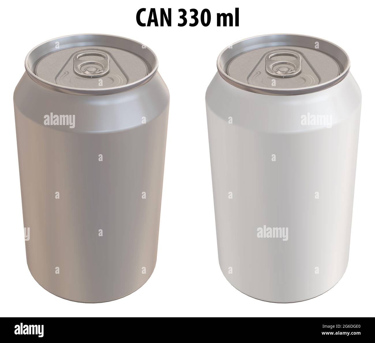 3D-Rendering - hochauflösendes Bild von CAN 330ml, weiß und silber, isoliert auf weißem Hintergrund, hochwertige Details, druckbereit für Großformat Stockfoto