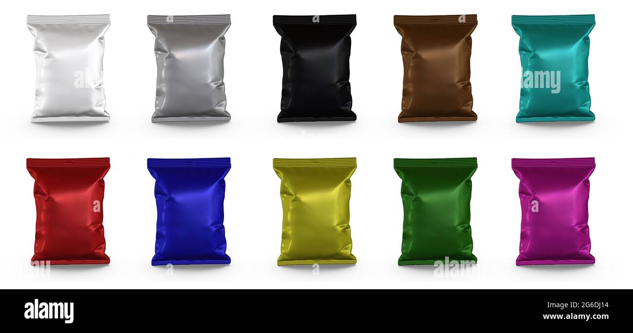 3D-Rendering - hochauflösendes Bild zehn Farben von Kissenbeutel isoliert auf weißem Hintergrund hochwertige Details Stockfoto