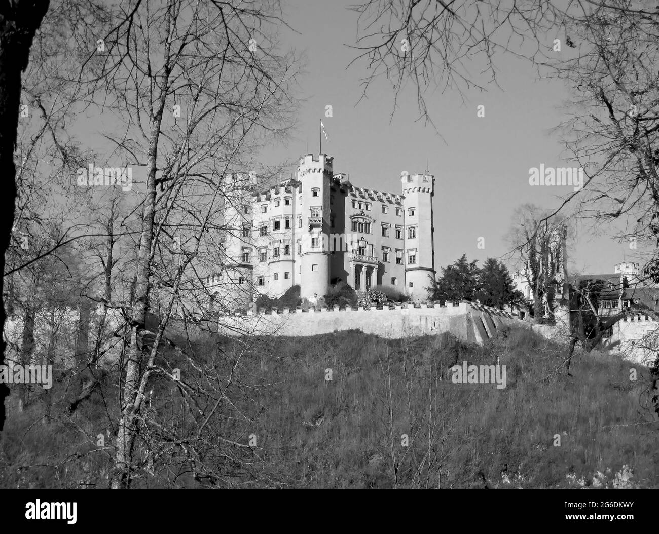 Schloss Hohenschwangau, erbaut von König Maximilian II. Von Bayern, in der Nähe der Stadt Füssen, Bayern, Deutschland, in Monochrome Stockfoto