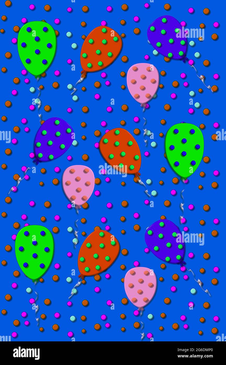 3D-Ballons schweben nach oben. 3D-Konfetti explodieren um Ballonen. Coole Farben auf blauem Hintergrund. Stockfoto