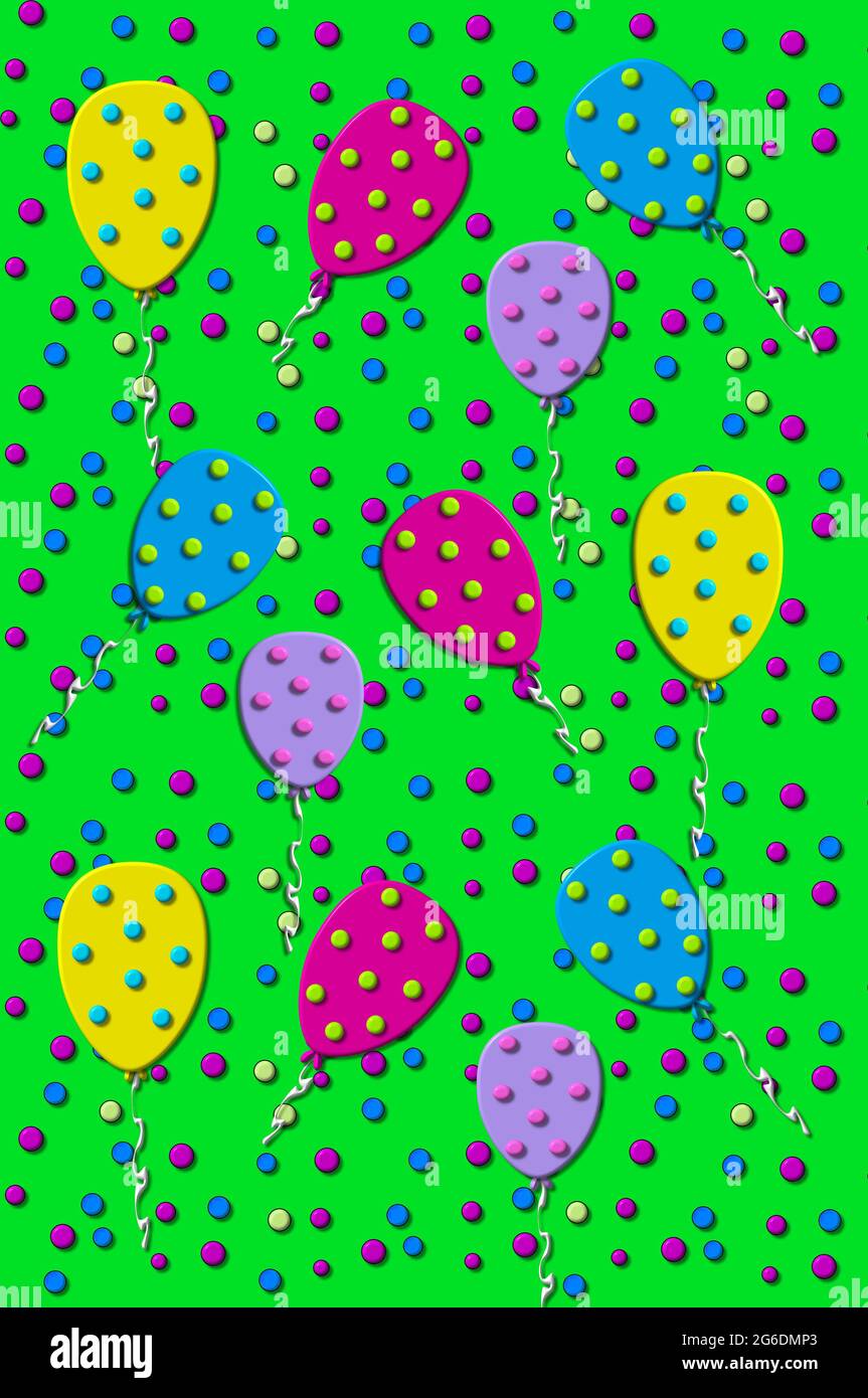3D-Ballons schweben nach oben. 3D-Konfetti explodieren um Ballonen. Coole Farben auf hellgrünem Hintergrund. Stockfoto