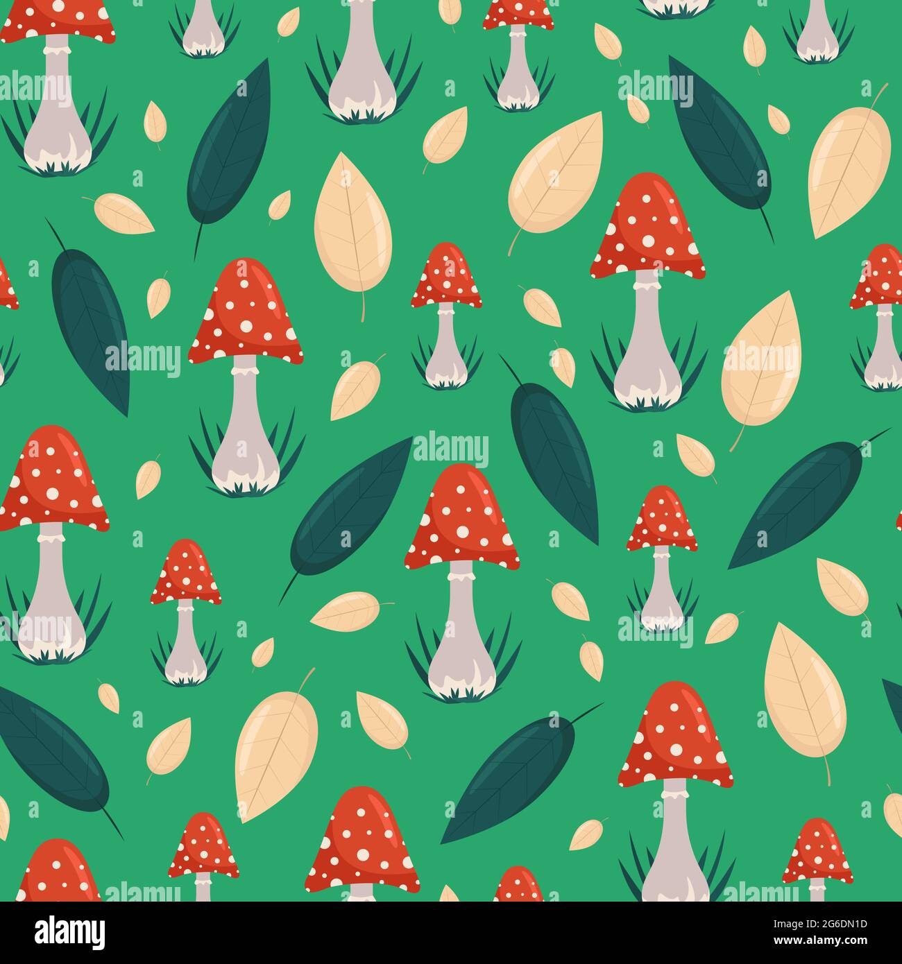 Rote Toadstools und Herbst Blätter nahtlose Muster, Vektor-Hintergrund in flachen Stil.Cartoon Stock Vektor