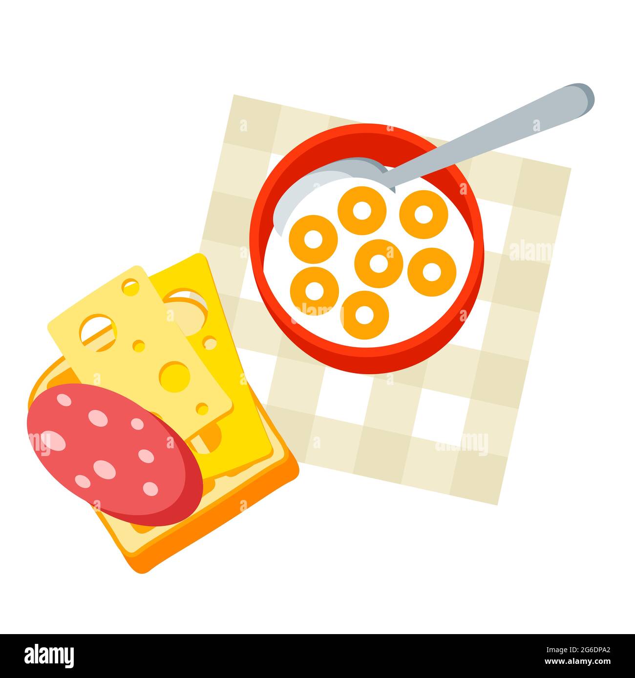 Abbildung Frühstück. Leckere Cornflakes mit Milch und Sandwich. Konzept für Cafés, Restaurants. Stock Vektor