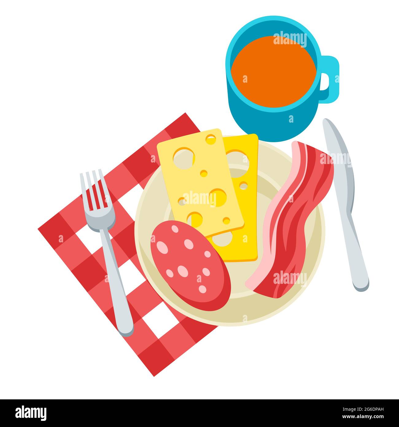 Abbildung Frühstück. Leckerer Speck, Wurst und Käse auf dem Teller und Tee. Konzept für Cafés, Restaurants. Stock Vektor