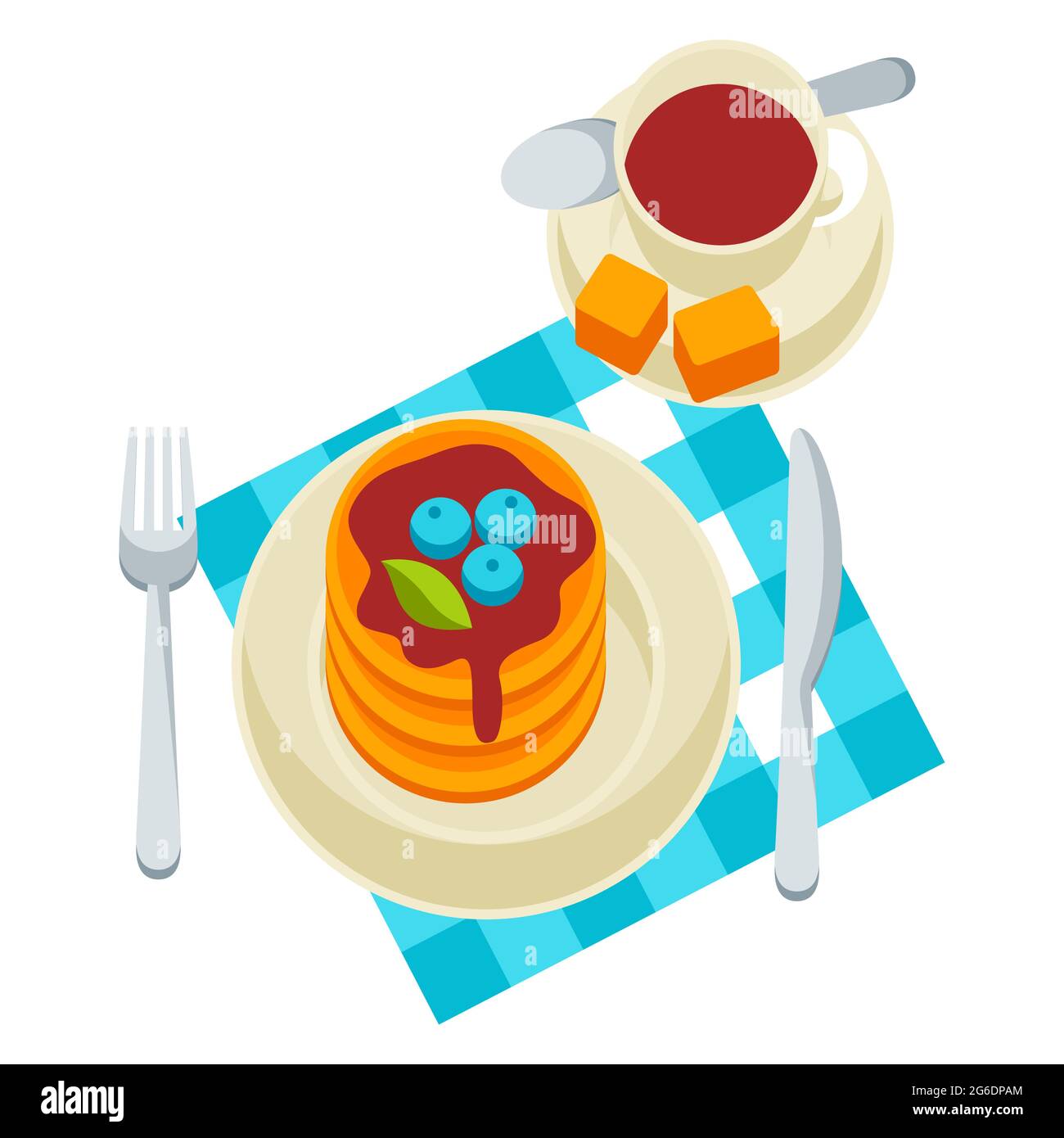 Abbildung Frühstück. Leckere Pfannkuchen auf dem Teller und Kaffee. Konzept für Cafés, Restaurants. Stock Vektor