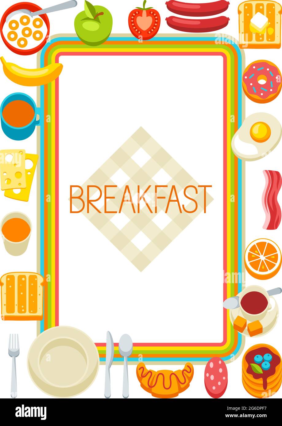 Gesundes Frühstück. Verschiedene Speisen und Getränke. Illustration für Cafés, Restaurants und Hotels. Stock Vektor