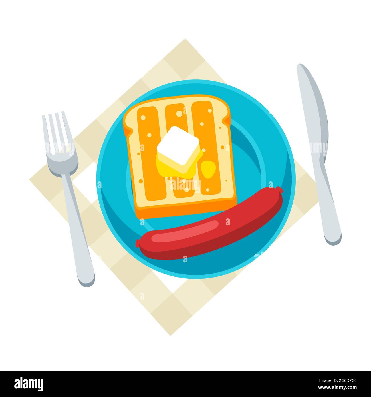 Abbildung Frühstück. Leckerer Toast mit Butter und Wurst. Konzept für Cafés, Restaurants. Stock Vektor