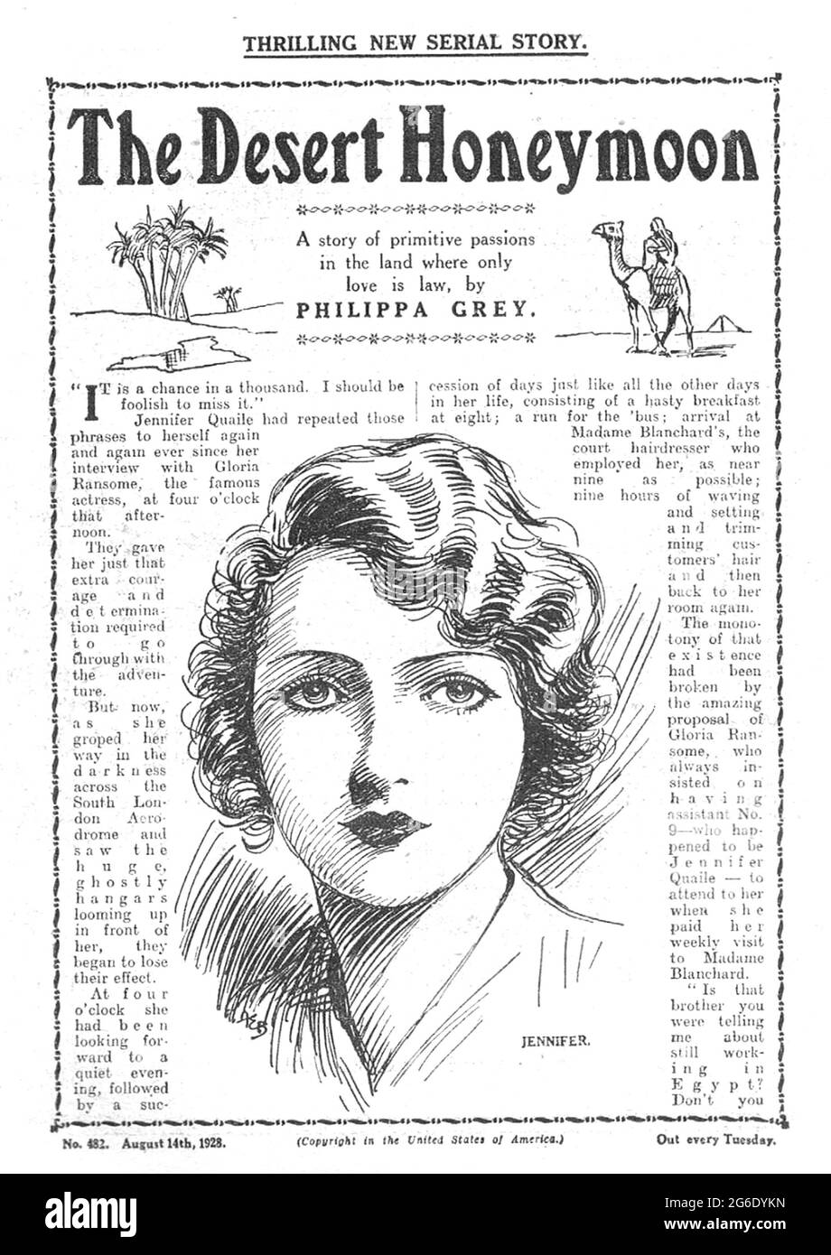 PEG'S PAPER Englische Wochenzeitschrift für Geschichten, herausgegeben von C. Arthur Pearson von 1919 bis 1940. Eine typische Geschichte, die im August 1928 aus der Nr. 482 herausgebracht wurde und in der ein englisches Mädchen auf einen Wüstenscheich trifft. Stockfoto