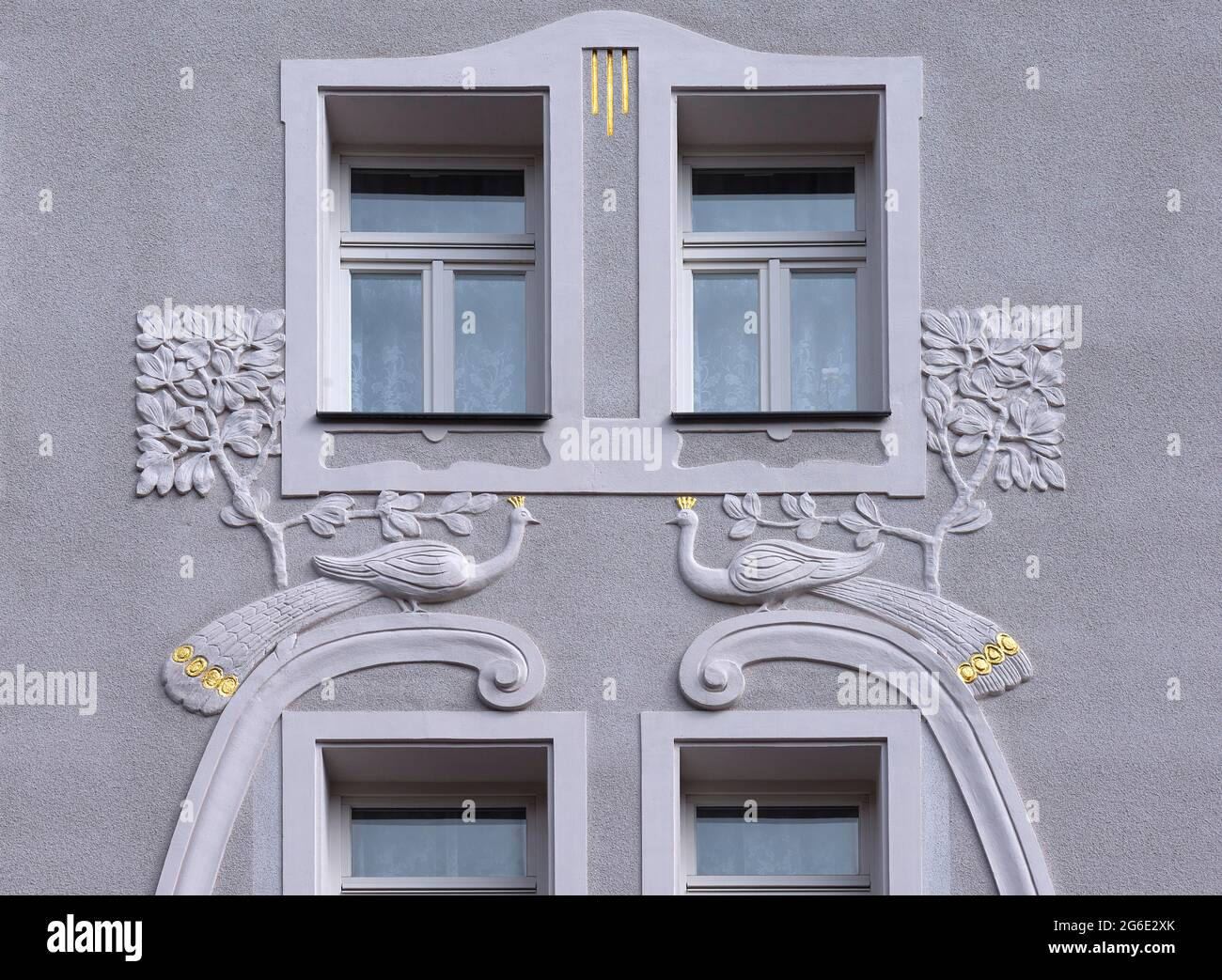 Pflanzen und zwei Pfauen, Reliefmotive auf einem Jugendstilhaus, Baujahr 1908, Nürnberg, Mittelfranken, Bayern, Deutschland Stockfoto