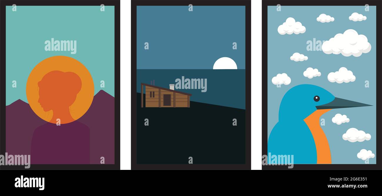 Drei verschiedene Design minimalistischen Poster in schwarzem Rahmen Frau vor der Sonne und dem Berg, Haus, Wasser, Vogel, Wolke, Himmel-Vektor-Illustration Stock Vektor