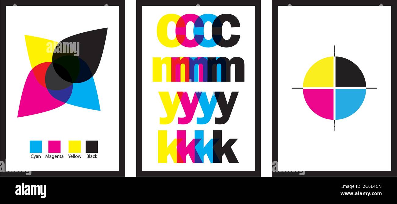 Drei verschiedene Design minimalistischen Poster in schwarzem Rahmen cmcmyellow, Cyan, Magenta, Gelb, Schwarz Multiplay-Farben-Vektor-Illustration Stock Vektor