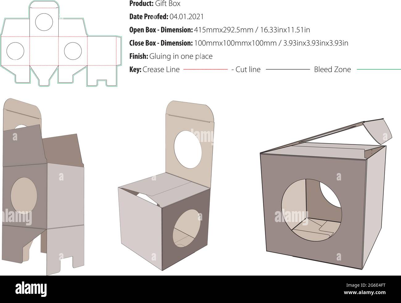 Geschenkbox mit einem Kreis von drei Seiten Verpackung Design-Vorlage kleben in auf einen Ort gestanzten - Vektor Stock Vektor