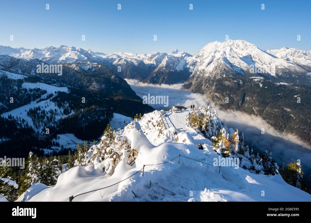 Blick von Jenner auf Koenigssee und Watzmann, Nationalpark Berchtesgaden, Alpen Berchtesgaden, Schönau am Koenigssee, Berchtesgadener Land, Bayern Stockfoto