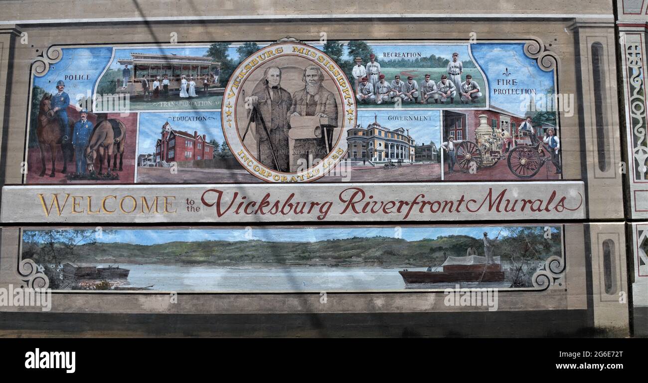 Die Gründung einer Stadt, Vicksburg Riverfront Murals. Vicksburg, Mississippi. Stockfoto