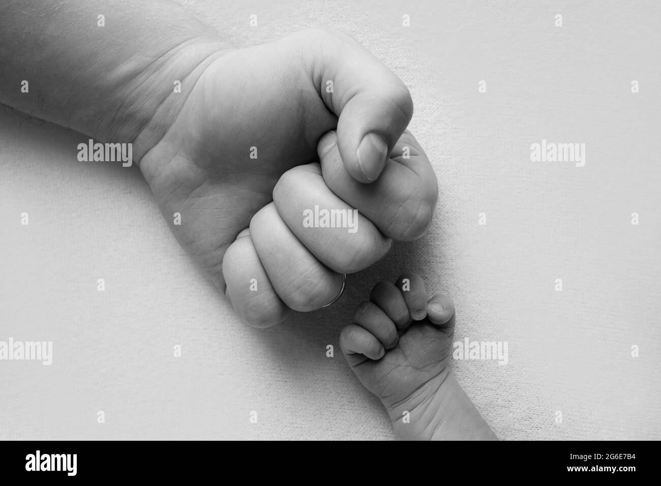 Vater und neugeborener Sohn halten ihre Hände in einer Faust, kleinen und großen Fäusten. Vater und Sohn, der erste Boxkampf. Schwarzweiß-Foto. Stockfoto