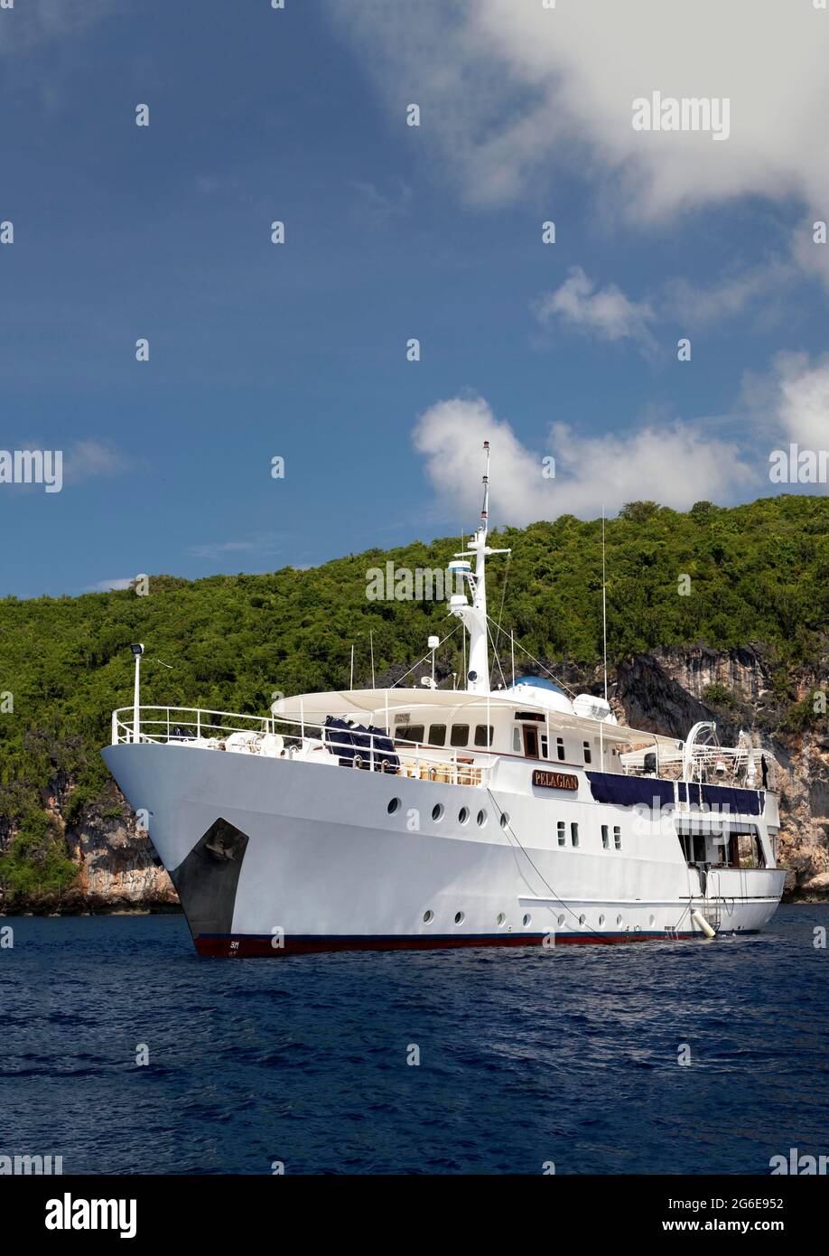 Luxus-Tauchboot, weiß, Pelagian Tauchsafari vor der tropischen Insel, Wakatobi Dive Resort, Pulau Tolandona, Südost-Sulawesi, Indonesien Stockfoto