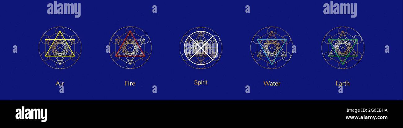Vier Elemente Symbole und Magic Spirit Symbol, Gold runde Symbole Set Vorlage. Symbol für Luft, Feuer, Wasser, Erde. Piktogramm Alchemy-Zeichen isoliert auf blu Stock Vektor