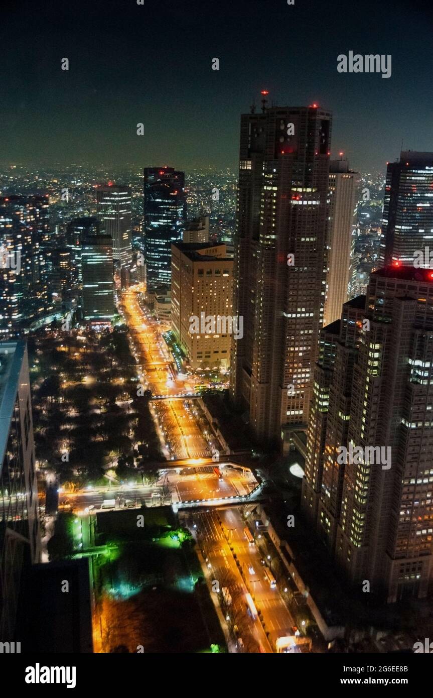 Aus dem Fenster auf dem Boden, wo Sophia Coppola in Tokio „Lost in Translation“ gedreht hat, zeigt Japan die Lichter und Anonymität der Stadt. Stockfoto