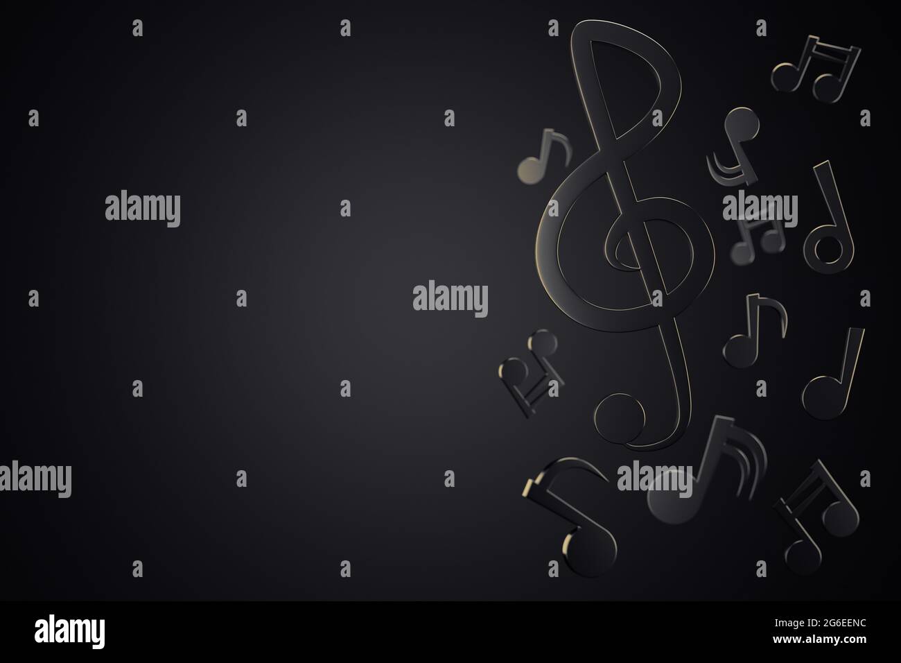 Schwarze Musiknoten von Liedmelodie fließen in die Luft auf einem dunklen Hintergrund. Kopieren Sie Platz für Ihren Text oder Artikel auf der linken Seite. Der Begriff der Musik und ae Stockfoto