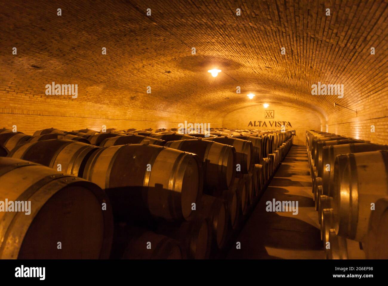 CHACRAS DE CORIA, ARGENTINIEN - 1. AUG 2015: Weinkeller des Weinguts Altavista im Dorf Chacras de Coria, in der Nähe von Mendoza, Argentinien Stockfoto
