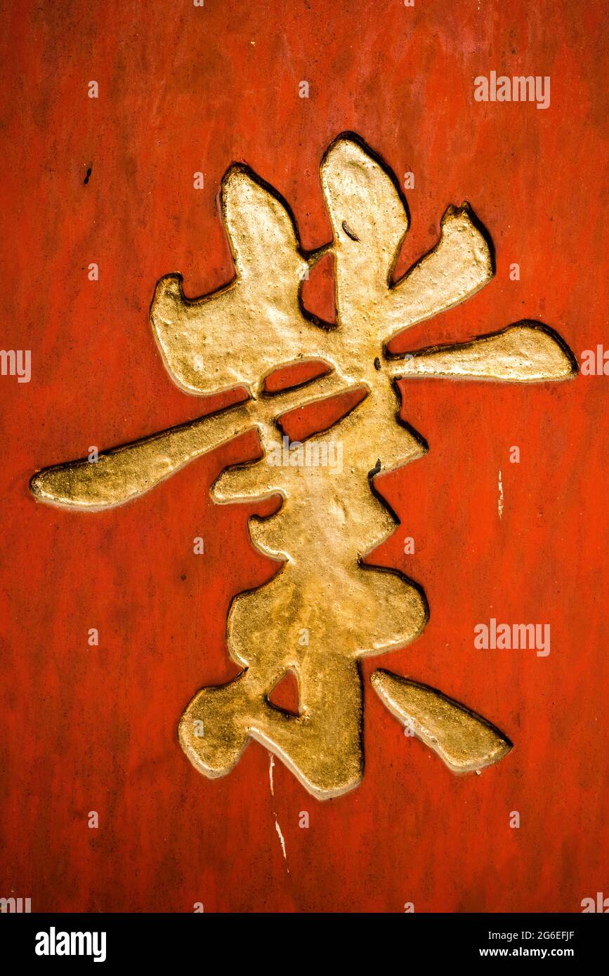 Ein geschnitzter und bemalter chinesischer Charakter in einem historischen Gebäude in kam Tin, New Territories, Hong Kong Stockfoto