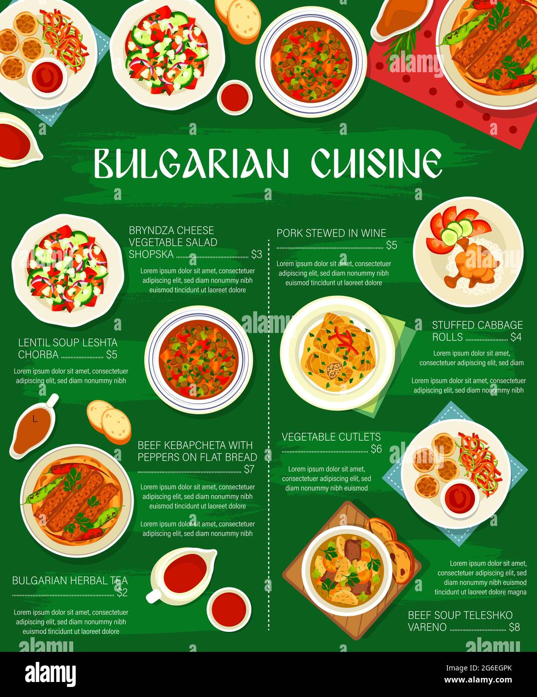 Bulgarische Küche, Gerichte Menüposter von bulgarischen Lebensmitteln, Vektor-Mahlzeiten. Bulgarische Küche Kohlbrötchen, Fleisch- und Bohnen-Suppe, Balkan-Restaurant tra Stock Vektor