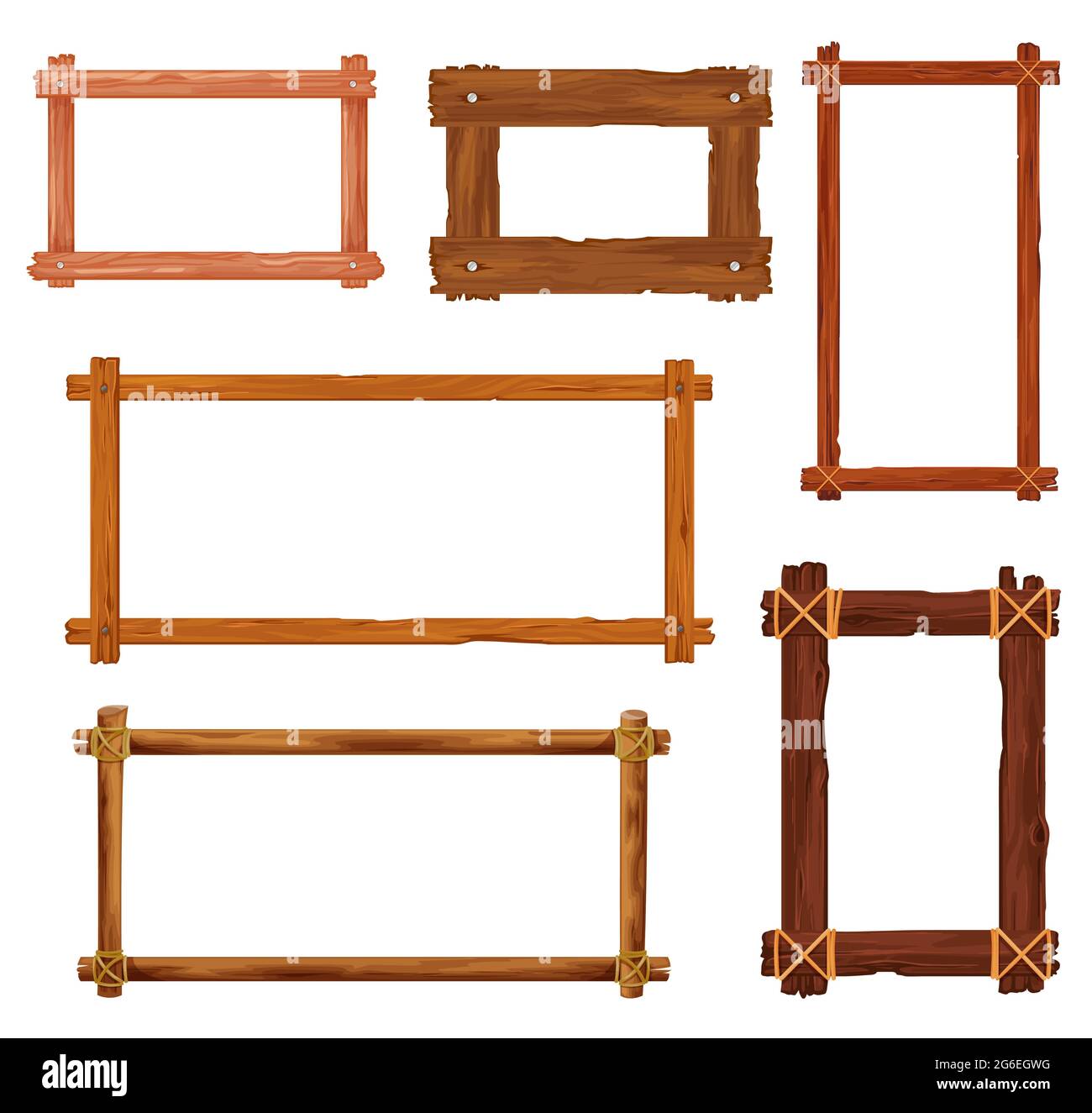 Cartoon Holzrahmen und Bordüren. Vector Holzbretter, braune alte Bretter und Paneele mit Splits, Rissen, Nägeln und Seilen. Zimmereinrichtung, Foto oder Schmerz Stock Vektor