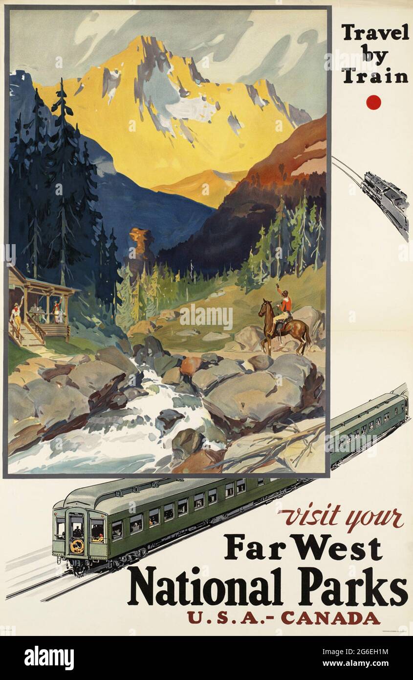 Ein Vintage-Reiseplakat für Zugfahrten zu den Nationalparks im Westen der USA und Kanadas Stockfoto