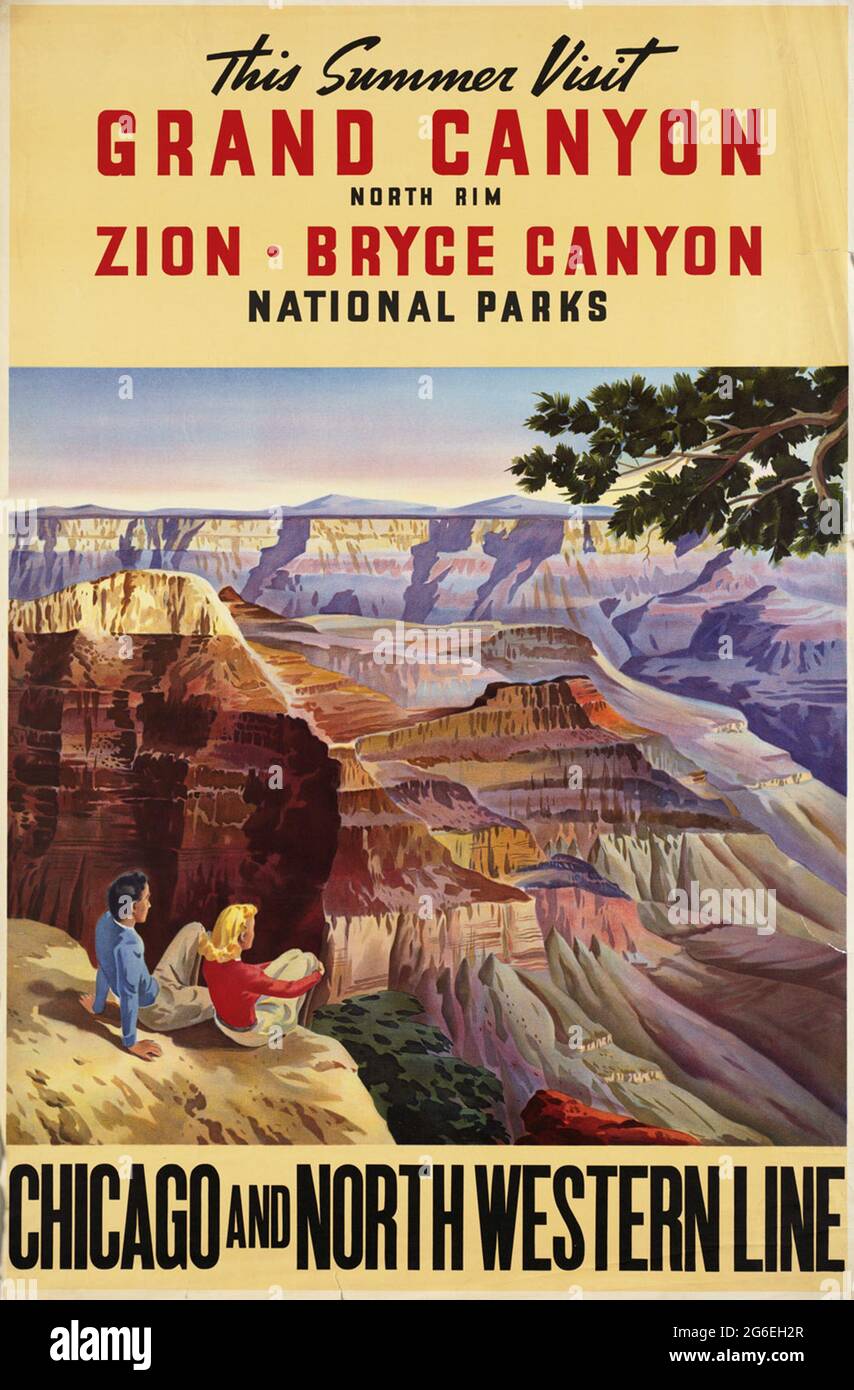 Ein Vintage-Reiseposter für die Nationalparks Grand Canyon, Bryce Canyon und Zion in den USA von den Zügen der Chicago & North Western Line Stockfoto