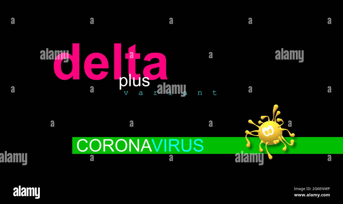 COVID-19 DELTA PLUS VARIANTENLINIEN AY.1 und AY.2, Pandemie-Bedrohung. Globale Gesundheitskrise. Der vierte Buchstabe des griechischen Alphabets. Virussimulierte Zeichnung. Stockfoto