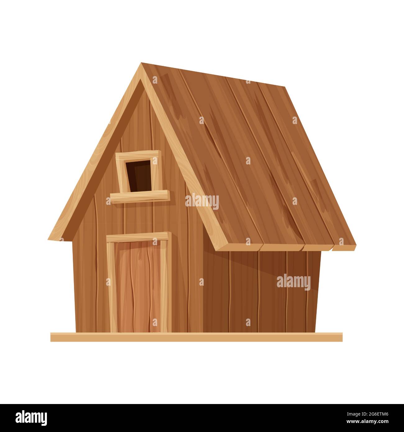 Waldhütte, Holzhaus oder Hütte im Cartoon-Stil isoliert auf weißem Hintergrund. Hütte, Landhaus mit Dach, Fenster und Tür. . Vektorgrafik Stock Vektor