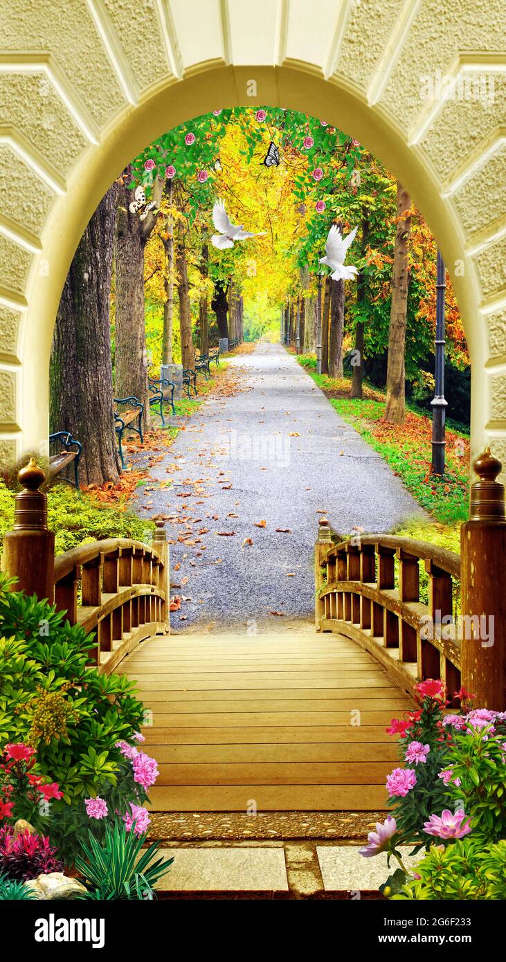 3d-Wandbild Tapete. Holzbrücke und Blumen mit Straße im Garten mit Bäumen und Bogen mit Taube. Stockfoto