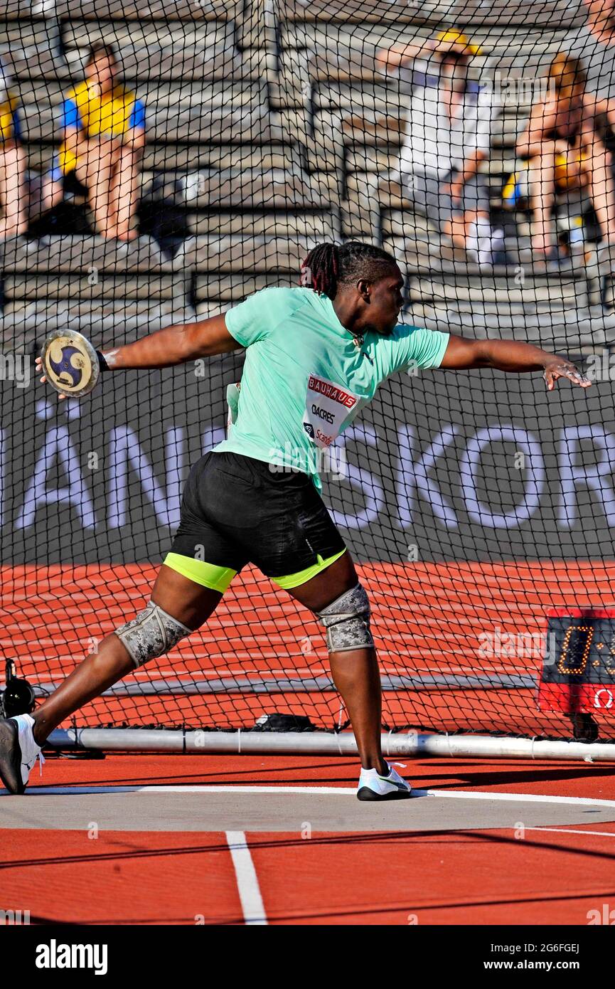 Fedrick Dacres (JAM) belegte den siebten Platz im Diskus mit einem Wurf von 208-6 (63,57 m) im Bauhaus Galan im Olympiastadion, Sonntag, 4. Juli 2021, in Stoc Stockfoto