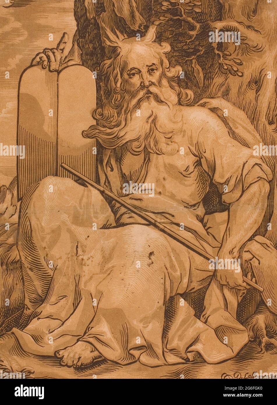 Ludolph Bsinck. Moses mit den Gesetzentafeln - Ludolph Bsinck (deutsch, 1585-1648) nach G.L - Allemand. Der Chiaroscuro-Holzschnitt von drei Blöcken Stockfoto
