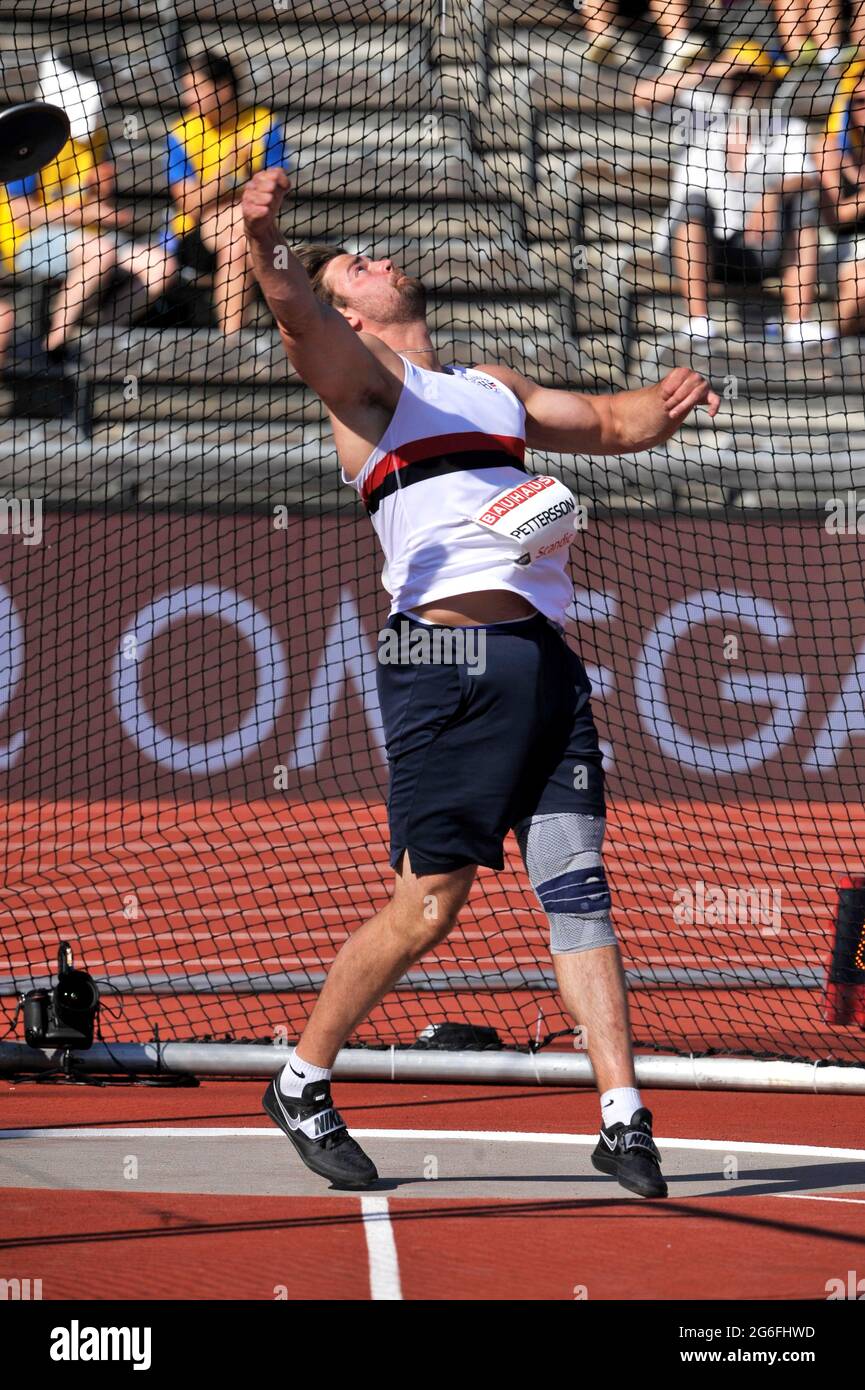 Simon Pettersson (SWE) belegte mit einem Wurf von 213-10 (65,19 m)Bauhaus Galan im Olympiastadion, Sonntag, 4. Juli 2021, in Stockholm, Stockfoto