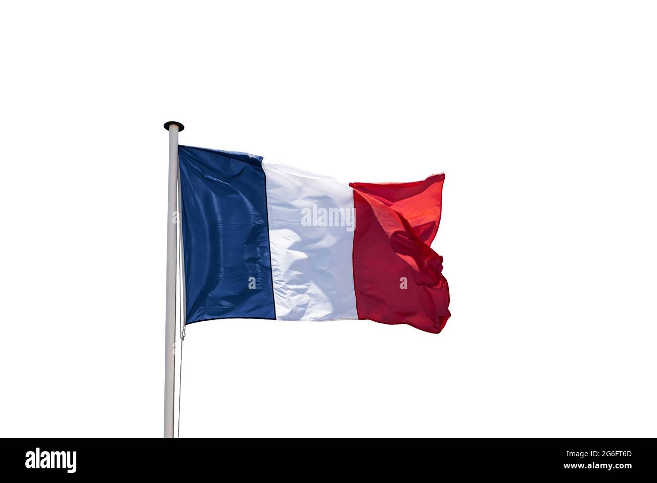 Französische Flagge auf weißem Hintergrund isoliert. Nationalflagge Frankreichs. Stockfoto