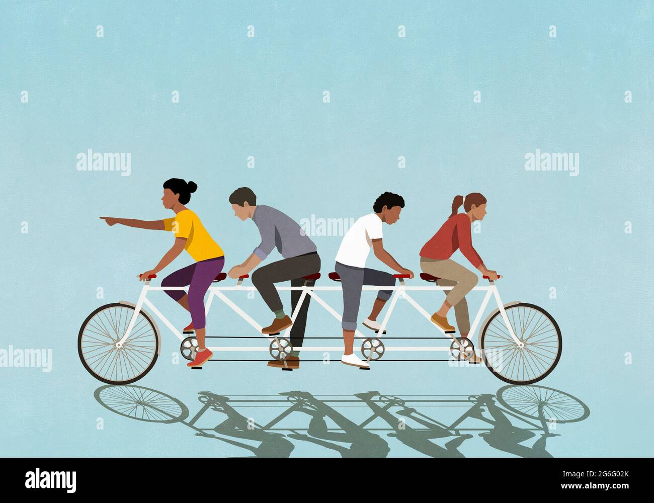 Paare fahren Tandemfahrrad in entgegengesetzter Richtung Stockfoto