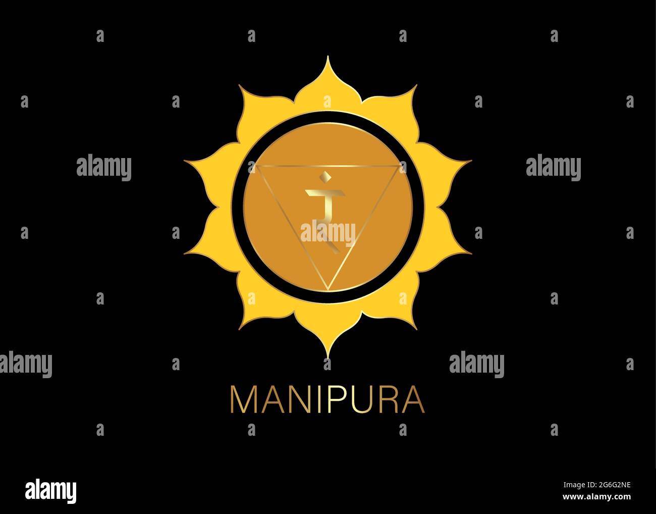 Manipulra, Solar-Plexus-Chakra-Symbol. Gelbe und goldene Logo-Vorlage, buntes Mandala. Spirituelle Meditation Element Vektor-Illustration isoliert auf BL Stock Vektor