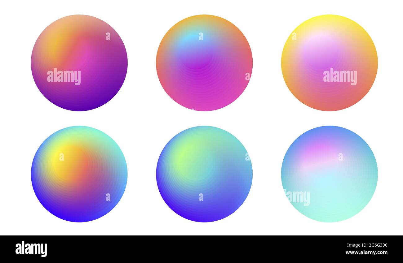 Set od Gradient fluoreszierende 3d-Kugeln, Glanzmetalleffekt, isoliertes weiches Grafikelement Stock Vektor